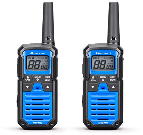 Midland - Walkie Talkie XT50 PRO, 2 Ricetrasmittenti Professionali 101 Canali, 32PMR446/69LPD, 8Km, Autonomia 12H - VOX, Scan, Canale Emergenza RRM, Waterproof IPX2, Batterie Ricaricabili e Accessori