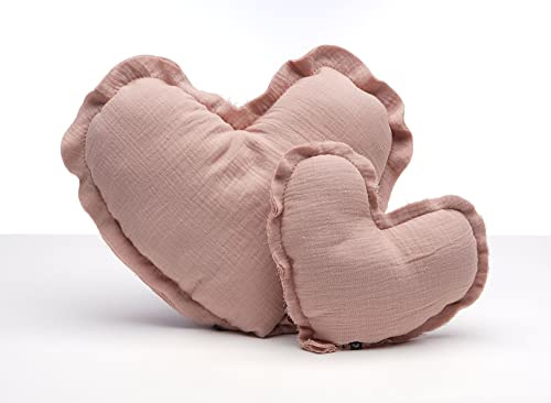 von Herzen Handmade Musselinkissen aus 100% Baumwolle Kuschelkissen I Dekokissen auf Musselin in Herzform I Herzkissen für Sofa & Bett I Handgenäht (Groß (Ø ca. 32cm), Blushrosa)