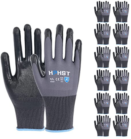 HPHST Lot de 12 paires de gants de travail pour homme et femme avec revêtement en nitrile, gants de jardinage pour écran tactile, gants de protection pour travaux de montage (gris, S)
