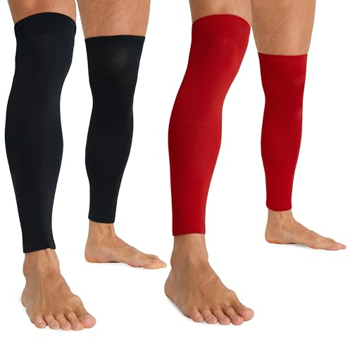 CityComfort Fotbollsstrumpor för män och tonåringar - benvärmare benskydd ärmar - en storlek för fotboll och sport (röd/svart, 2-pack)