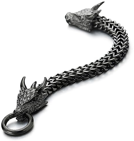 COOLSTEELANDBEYOND Herren Grau Schwarz Edelstahl Quadrat Franco Kette Panzerkette Armband Drachen Kopf mit Schuppe Spitzte Horn
