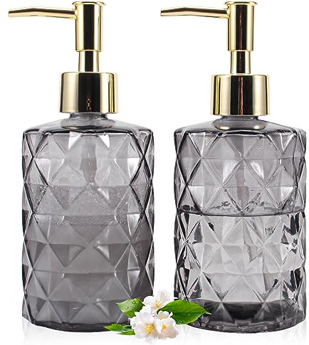 GOYISEE Glas Seifenspender,12 Oz Diamant Design Glas Nachfüllbare Hand Seifenspender, Mundwasser Lotion Spender für Küche, Badezimmer (Gray 2 Pack)