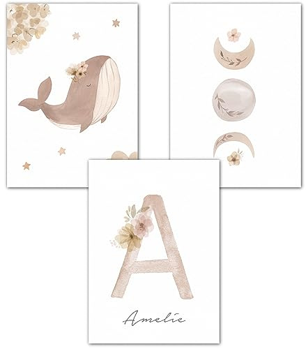 double critical Wandbilder Kinderzimmer Poster 3er Set Name personalisiert Bild Babyzimmer Boho Wal Mondphase Poster Mädchen Wanddeko A4 A3 Rosa Beige