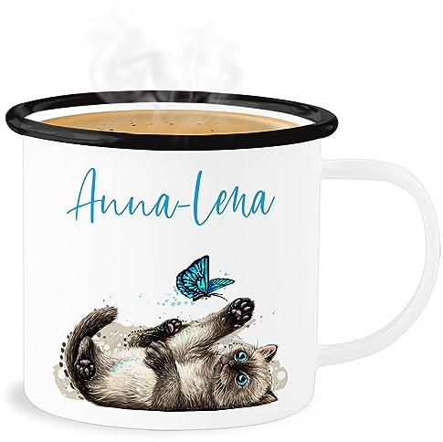 Emaille Becher Blechbecher - Katzen - Süße verspielte Katze Cat - 300 ml - Weiß Schwarz - katzenmotiv kätzchen tasse cats name tassen katzenmotiven trinkbecher katzenliebhaber für katzenfreunde