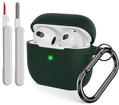KOKOKA Custodia in Silicone Compatibile per AirPods 3 con Kit di Pulizia, Case Cover Protettiva in Premium Silicone per Airpods Terza Generazione 2021 con Moschettone, Dark Green