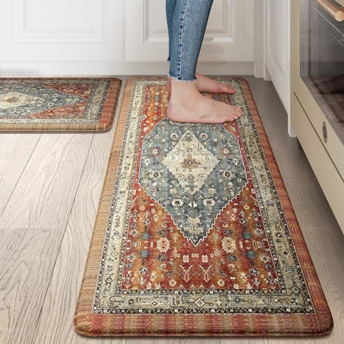 Collive Boho Kitchen Mats 2PCS, Cushioned Kitchen Mat for Floor Anti Fatigue Waterproof Kitchens Rugs Set of 2, Non Skid Comfort Standing Rug for Office, Sink, Laundry, 17.3x29+17.3x47