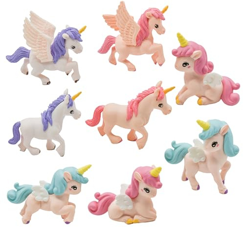 Pinenjoy 8Pcs Mini Flying Horse Unicorn Figurine Miniature Resin Unicorns Cake Toppers Fairy Garden Accessories for DIY Moss Landscape Dollhouse Birthday Party Decorations