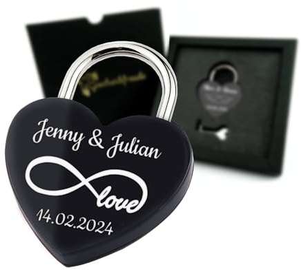 Geschenkfreude Liebesschloss mit Gravur und Schlüssel Herzschloss Schwarz | tolles Vorhängeschloss, personalisierte Valentinstagsgeschenke für Ihn und Sie, Geschenke für Paare, Schloss mit Gravur