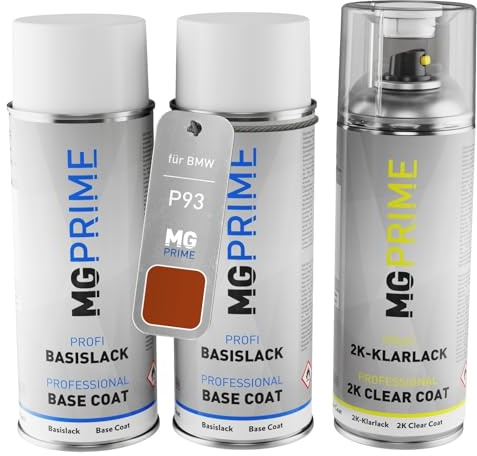 MG PRIME Autolack Set Spraydosen für BMW P93 Sakhirorange III + 2K-Klarlack | Set aus Grundlack + Basislack + 2K Klarlack, Sprühdosen 400ml