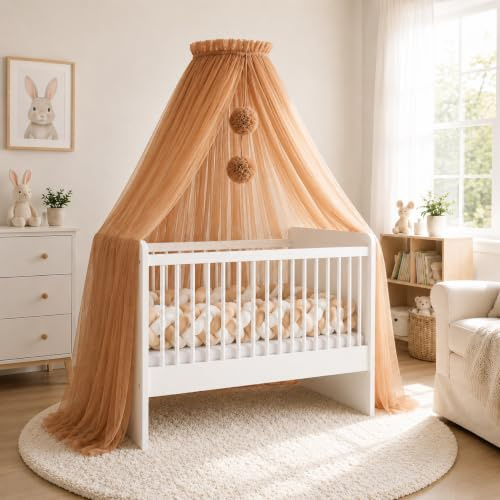 Baby Fancyroom Betthimmel für Babybett, Prinzessin Babywiege, Moskitonetz, Beistellbett Himmel, Babyzimmer Deko, Baldachin Premium Tüll (Braun, Betthimmel mit Bommel)