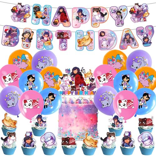 Aphmau Plushies Cat Birthday Party Decoration Banner Balloons Cake Topper Cupcake Toppers for Cat Theme Party Supplies
