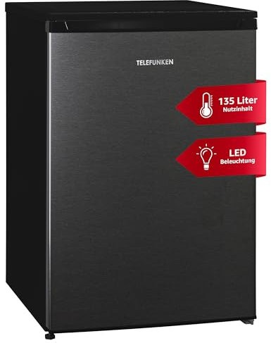 TELEFUNKEN Kühlschrank ohne Gefrierfach | Freistehend | 135 Liter Nutzinhalt | Kühlschrank klein mit Gemüsefach | LED-Beleuchtung | Türanschlag wechselbar | C-135-100-DI dark inox