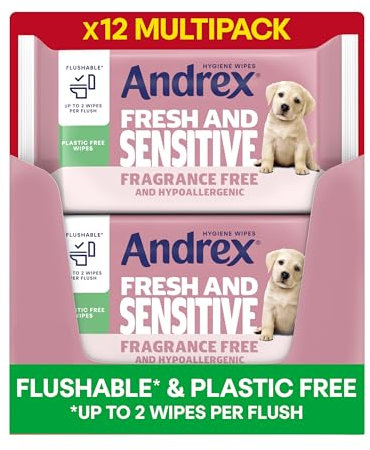 Andrex Fresh and Sensitive Hygiene Wipes, 12 Pack; Flushable Moist Toilet Tissue, Hypoallergenic and Fragrance Free Wet Wipes for Sensitive Skin (Pack of 12), FSC Certified