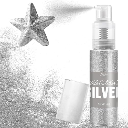 Essbarer Glitzer Spray - 22g Lebensmittel Glitzer Essbares Glitzerpulver für Getränke, Kuchen Dekoration, Macarons - Lebensmittelfarbe Pulver Edible Glitter für Cocktail, Cupcakes (Silber)