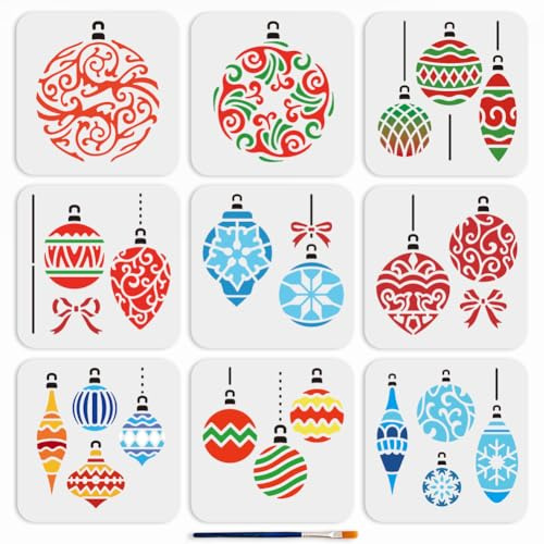 MAYJOYDIY 9 Stück Weihnachtskugel Schablonen 15 × 15cm Winter Weihnachtsschmuck Schablone Mit Pinsel Frohe Weihnachten Vorlage Für Fenster Glas Wand Weihnachtskarten Geschenke