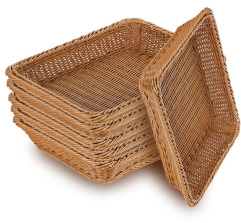 RAMFIYN 6 Pack Plastic Woven Fruit Basket 16 inch Bread Serving Basket Stackable Rattan Bread Basket for Tabletop Rectangle Serving Basket for Home Kitchen Party