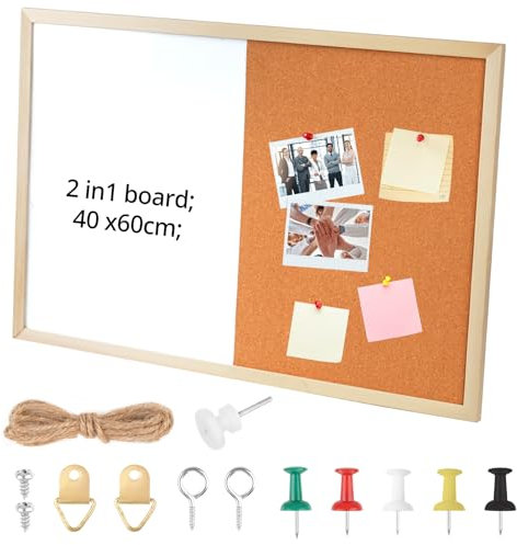 Memoboard, Pinnwand Küche mit Holzrahmen, Notizwand Magnettafel, 2 in 1 Kombiboard mit Druckstiftem Befestigungsmaterial, Korkwand und Magnetisches Whiteboard für Büro Küche (60x40cm)