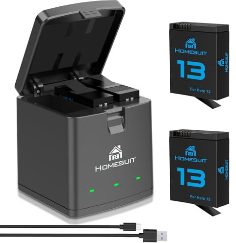 Homesuit Hero 13 Batería 2100 mAh y LED 3 canales USB Cargador de memoria para GoPro Hero 13 Black Enduro batería recargable con tipo C (2 unidades)