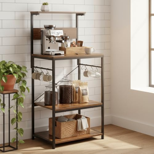 FurnitureR Küchenregal Mikrowellenregal Bäcker Regal aus Holz und Metal, Standregal mit 4 Ablagen und 6 Haken, Metallregal Lagerregal für Küche, Wohnzimmer, 60 X 42 X 129cm, Rustikales Braun