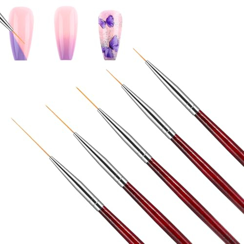 Qianyu 5Pcs Nail Art Brushes Set Fine Liner Detail Painting Brush Art Design Pen Dotting Drawing Tool for Nail Art Tech Supplies Gel Polish Home Manicure DIY Salon Tools Acrylic Handle Women (Brown) | 5 pieces, 6/9/12/18/23 mm, fine drawing pen, watercolour nail tug brush, for miniature acrylic, ideal lettering line model