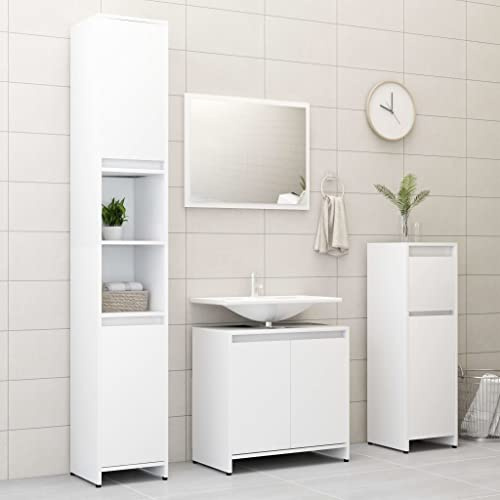 Myheimly 4-TLG. Badmöbel-Set Spiegel Unterschrank Badschrank Midi Schrank Hochschrank Waschbeckenunterschrank Badezimmermöbel Weiß Holzwerkstoff