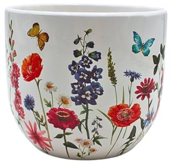 Dekohelden24 Blumentopf, Pflanztopf, Pflanzschale, Blumenkübel, Pflanzgefäß, Übertopf aus Keramik, Motiv Blumenwiese, Maße: L/B/H 12 x 10 x 12cm.