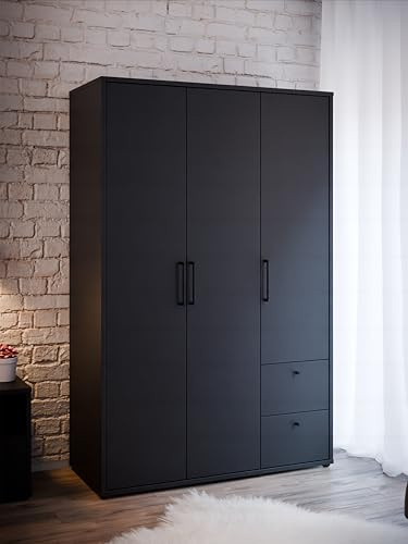 Forte Pittsfield Jugendzimmer Kleiderschrank 120 130 Schwarz – Schubladen, Metallgriffe, Perfekt für Gaming Zimmer & Kinderzimmer, Gamer Raum Deko 124,2 cm breit x 190,4 cm hoch x 54 cm tief