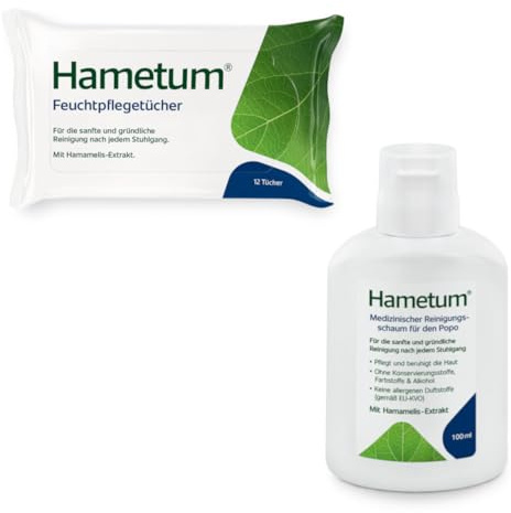 Hametum Reinigungsset | 100ml medizinscher Reinigungsschaum | 12 Feuchtpflegetücher | für eine gründliche Reinigung nach dem Stuhlgang | pflegt & beruhigt die Haut | mit pflanzlichem Hamamelis-Extrakt