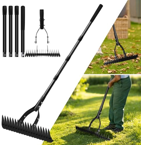 Tryitsbest Metal Thatch Rake, Heavy Duty 15 Landscape Dethatcher Garden Rake with Adjustable Stainless Steel Handle, Lawn Thatching Rakes for Leaves, Dead Grass, Loosening Soil