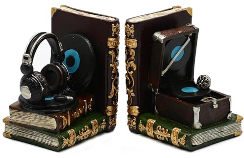 Vintage Kopfhörer und Phonograph Buchstütze, Heavy Duty Dekorative Buchstützen, Musikliebhaber Buchstopper für Regale Home Tischdekoration