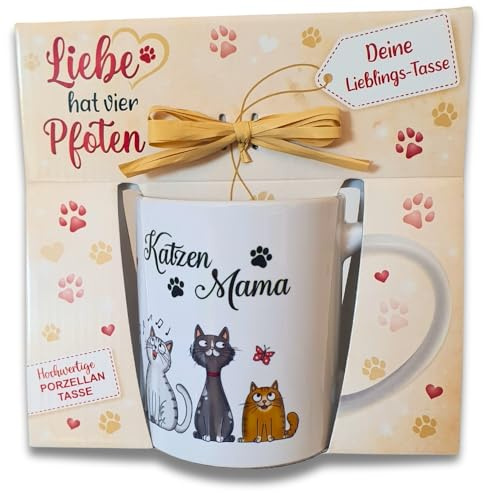Katzentasse aus hochwertiger Keramik – Katzenmama, bunt - 350ml Tasse mit süßen Katzenmotiven, Geschenkverpackung mit Bastschleife, perfekt für Katzenliebhaber, Kaffeetasse (13x10x8cm)