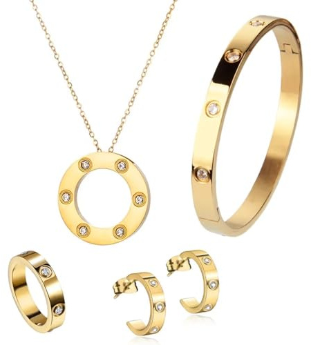 ROUGEMONT Elegantes Schmuckset, 4-teilig, Edelstahl 18K Gold, Halskette mit Kristall-Anhänger, Armreif, Ring und Ohrringe