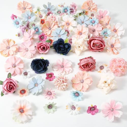 Bruislard 90 Pcs Faux Flower Heads Fake Mini Flowers for Crafts, Fake Peony Daisy Rose Paper Flowers Bulk Multicolor Silk Fabric for Graduation Cap Garland Holiday Wedding Party DIY Home Decoration