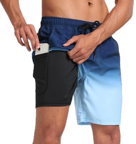 Okdance Badshorts män badbyxor 2 i 1 kompressionsfoder herr badshorts dubbla lager strand kort snabbtorkande surfbräda shorts, gradient Blå, L