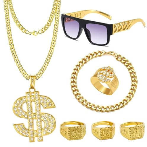 JALEVID Zuhälter Kostüm, 80er 90er Jahre Kostüm Set Herren, Hip Hop Dollar Halskette Goldkette Ring Sonnenbrille Armband Zuhälter Accessoires für Karneval Fasching Gangster Mottoparty