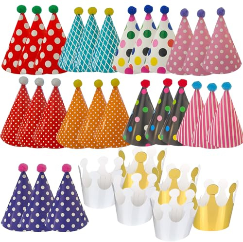 XDGBGFN 33 Stück Partyhüte Kindergeburtstag Party Set Kegelhüte Partyhüte Kronhut mit Schnur für Birthday Festival Dekoration Foto Prop Mädchen Jungen