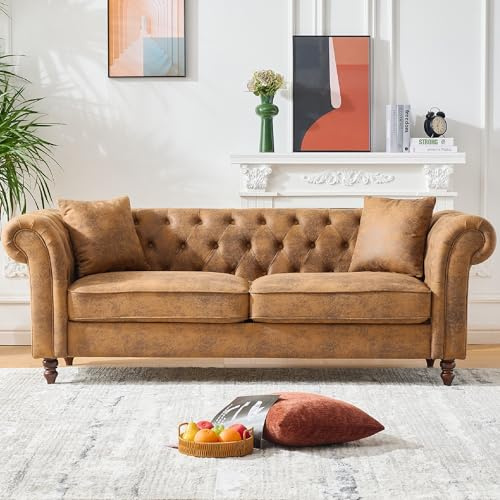 KEIKI 83 ‌Luxury Chesterfield Leather Sofa, Mid Century Modern 3 Seater Couch w/Roll Armrest, Comfy Sleeper Cloud Couches SofaBed for Office, Apartment Living Room & Bedroom, Easy Assembly, Brown