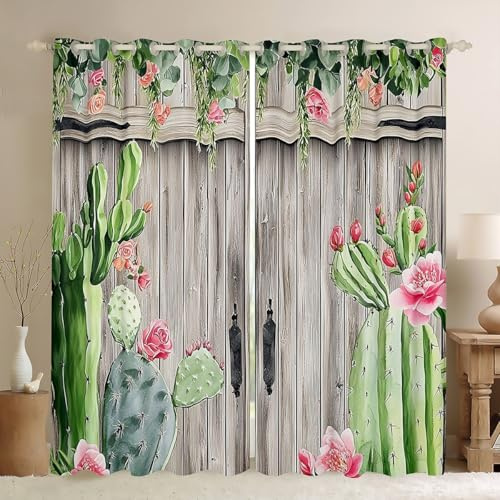 Homewish Rustic Barn Door Blackout Curtains for Bedroom, Farmhouse Decor Window Curtains 2 panel Sets 66 x 72 Inch,Retro Countryside Wood Board Tropical Plant Cactus Window Treatments Drapes