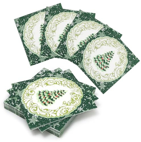 PARTY GO 40 Stück 33x33cm Servietten Weihnachten Grüne,mit Weihnachtsbaum und Schneefall Muster,für die Tischdekoration zu Weihnachten