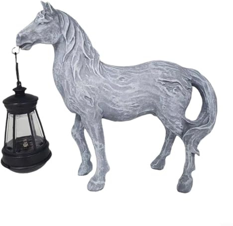 Solar-Pferd-Gartenfigur mit Laterne, Kunstharz-Tierfigur für den Außenbereich, Hof, Terrasse, Rasen und Heimdekoration, solarbetriebene Statue mit automatischer Nachtbeleuchtung (graue matte Lampe)