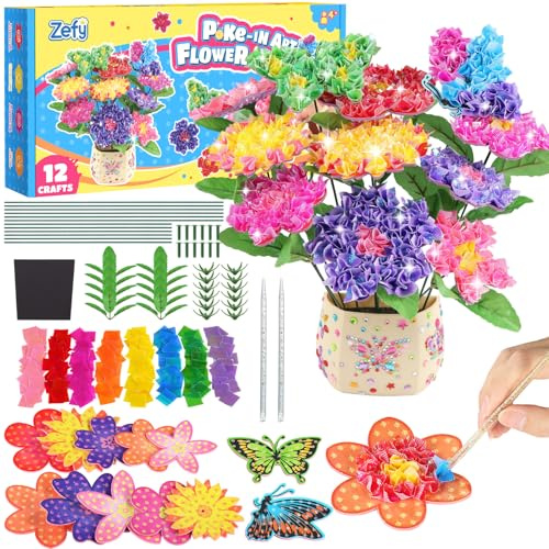 Zefy Bastelset Kinder 4-12 jahre, Pok Kreativ Geschenke für Mädchen | Blumen Schmetterling Bastelkoffer Blumenstrauß mit Pailletten, DIY Basteln Poke Art Set Spielzeug Kindergeburtstag