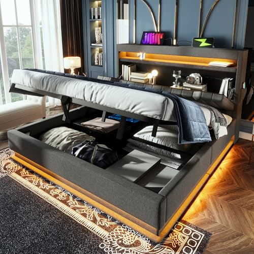6ft Super King Size Bed Frame with Storage & Concealed Storage Headboard,Linen Functional Upholstered Ottoman Bed with 360 Surround LED Lighting & Charging Station, Grey Hydraulic Gas Lift Beds