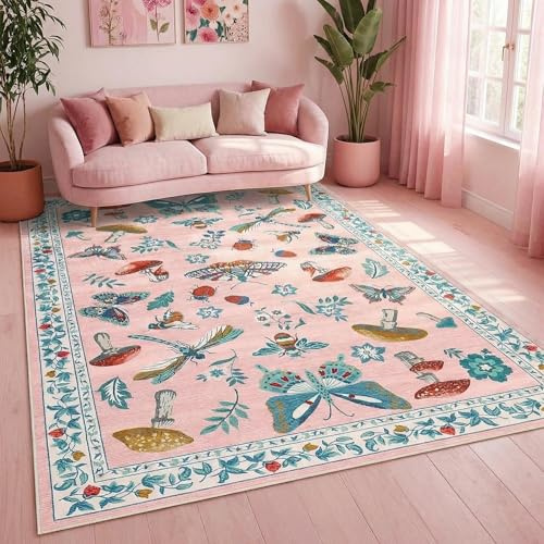 CAROMIO Schmetterlings Teppich Kinderzimmer 120x170 cm Altrosa | ca. 6mm Ultradünn, Waschbarer Kurzflor-Teppich für Wohnzimmer Schlafzimmer Küche, rutschfest, pflegeleicht, faltbar