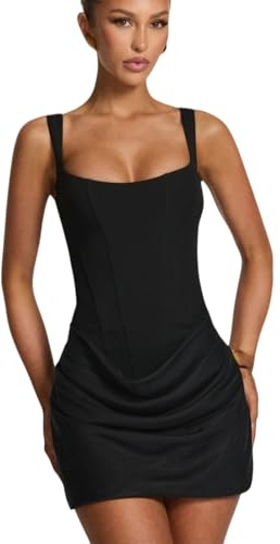 Corsetto pieghettato abiti corti ritorno a casa per adolescenti quadrato ballo mini abito corto stretto laurea cocktail party abito, Nero , S