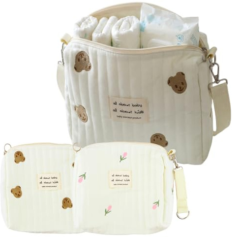 volumoon 2 liten skötväska för spädbarn – skötväska arrangör för blöjor, handdukar och leksaker, tvättbar, dragkedja, söt teddy och tulpan, perfekt för resor och resor, 25 x 17 cm (beige)