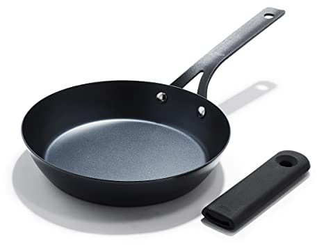 OXO Obsidian Pre-Seasoned Carbon Steel, 8 Frying Pan Skillet with Removable Silicone Handle Holder, Induction, Oven Safe, 1.8 Liters, Black