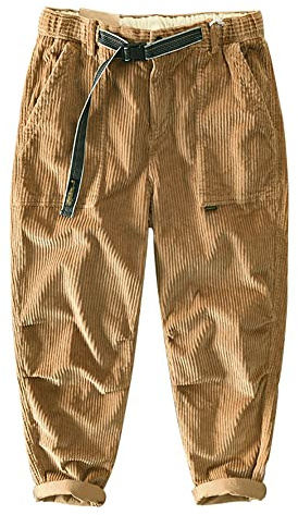 GUOCU Uomo Pantaloni da in Velluto a Coste Tinta Unita Casuale Leggero Stile Giapponese Tapered Pantaloni Cargo Chino Pantaloni Eleganti Classici Formali Stretch Corduroy Chino Pants Cachi L