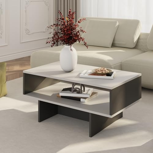 [en.casa] Tavolino da Salotto (AxLxP): 36,4 x 80 x 45 cm Tavolino Basso da Divano Tavolino a 2 Piani di Appoggio Rettangolare - Bianco/Antracite