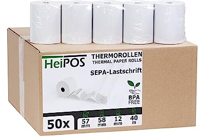HeiGroup - HeiPOS 50 Thermorollen mit SEPA/Lastschrift - Mandat - 57 mm x 40 m - 55 g/m² Papier