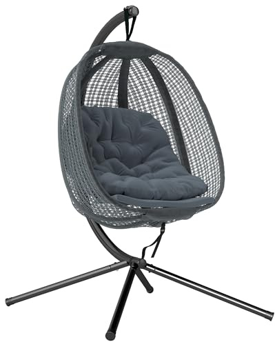 Outsunny Outdoor Swing Chair Padded Cushion Cup Holder Dark Grey | Patio Hanging Egg Chair, Metal Stand, Foldable Basket, Indoor Outdoor